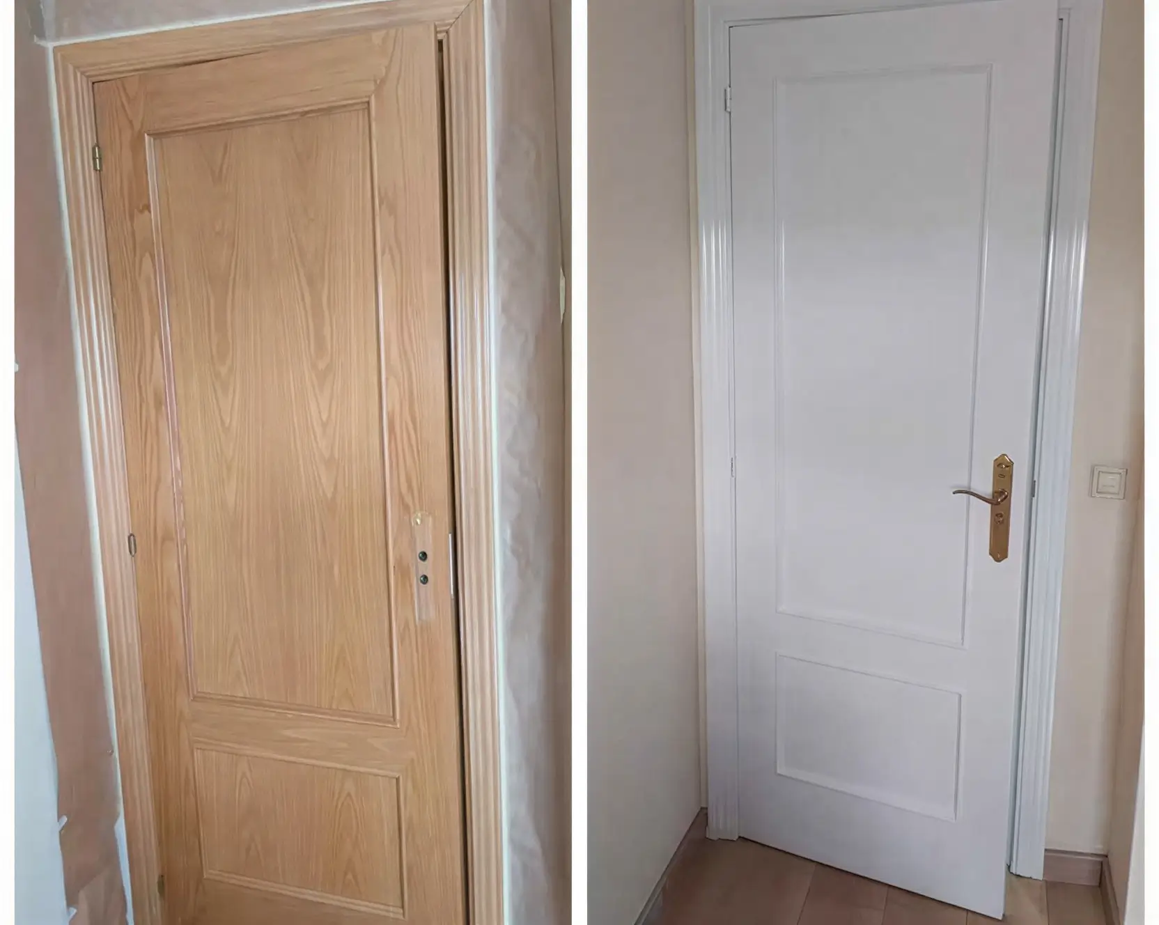 Antes y después de lacar puerta de madera en blanco por Los Pintores Ciudad Real