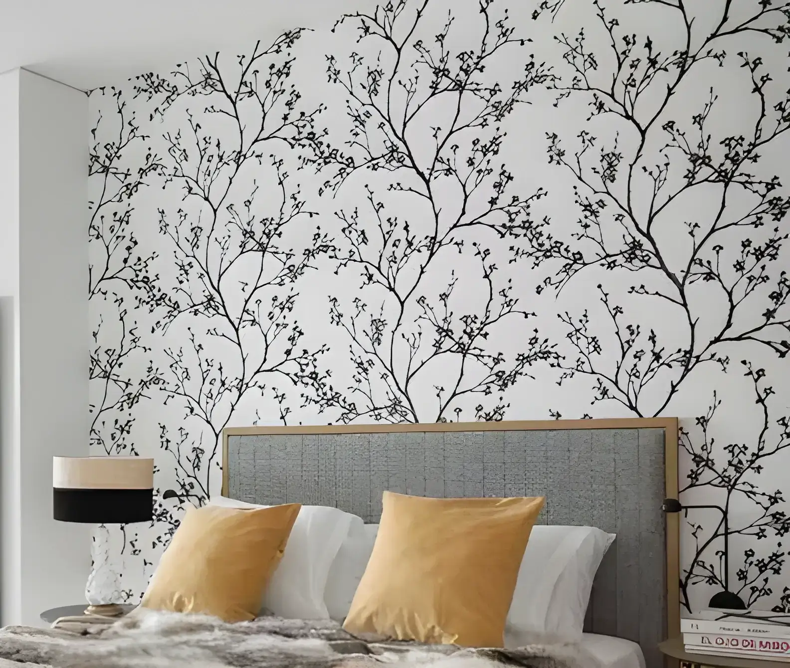 Los Pintores Ciudad Real instalando papel pintado de ramas en cabecero de dormitorio moderno