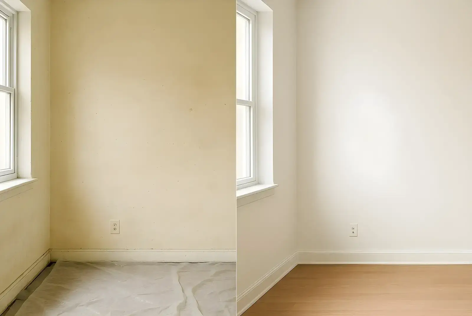 Antes y después de pintura interior en salón, trabajo de Los Pintores Ciudad Real con paredes renovadas